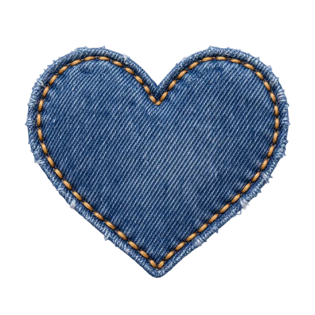 Blue denim heart patch edged with golden stitching and a frayed border