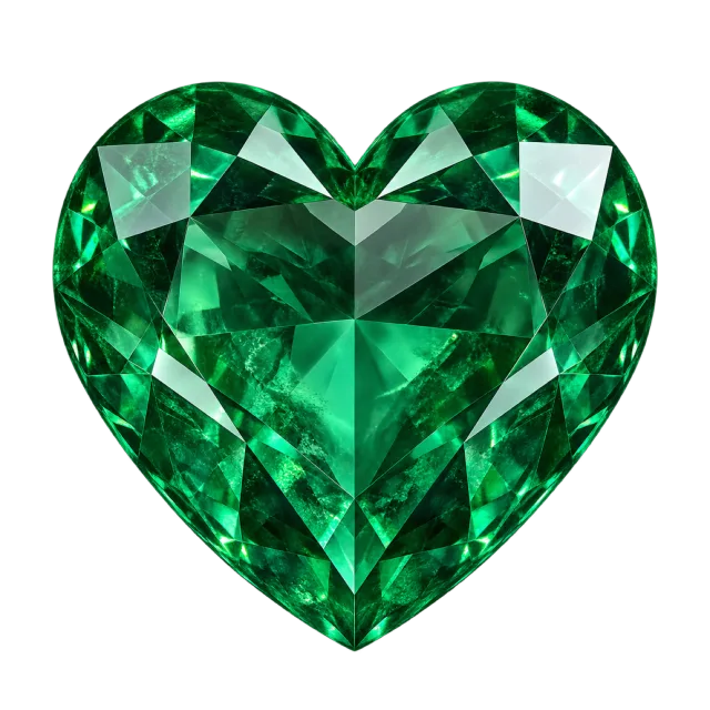Deep green heart-shaped gem with bright faceted reflections