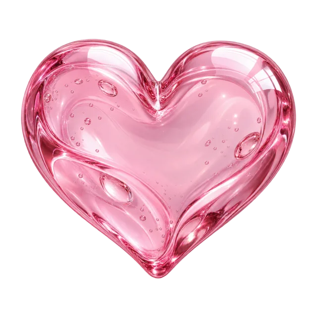 Pale pink glass-style heart with a thick curved edge and suspended bubbles