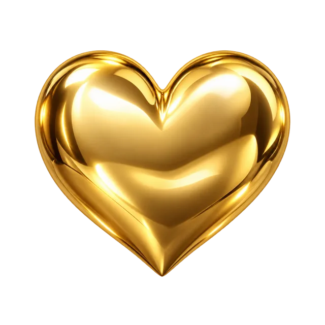 Puffy gold-colored heart with a polished reflective surface