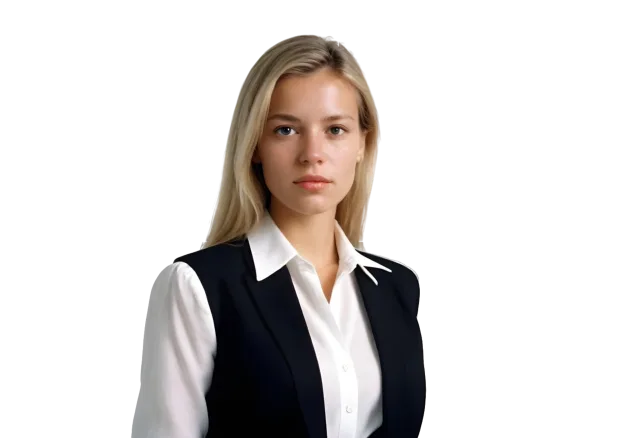 Woman with shoulder-length blonde hair wearing a black waistcoat over a white blouse on a transparent background