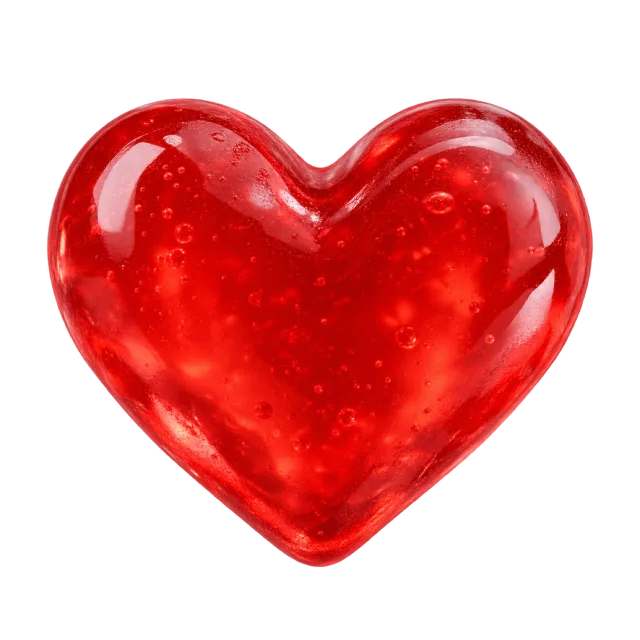 Rounded translucent red gummy heart with scattered tiny bubbles