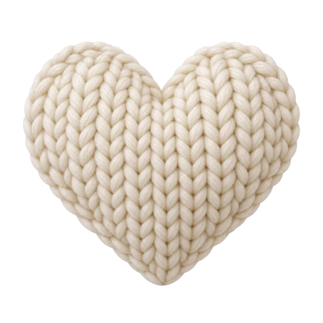 Cream-colored padded heart with prominent knitted yarn stitches