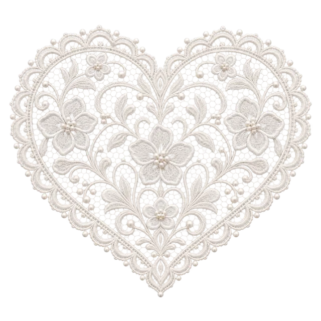 White heart-shaped lace motif with embroidered flowers and scalloped edges