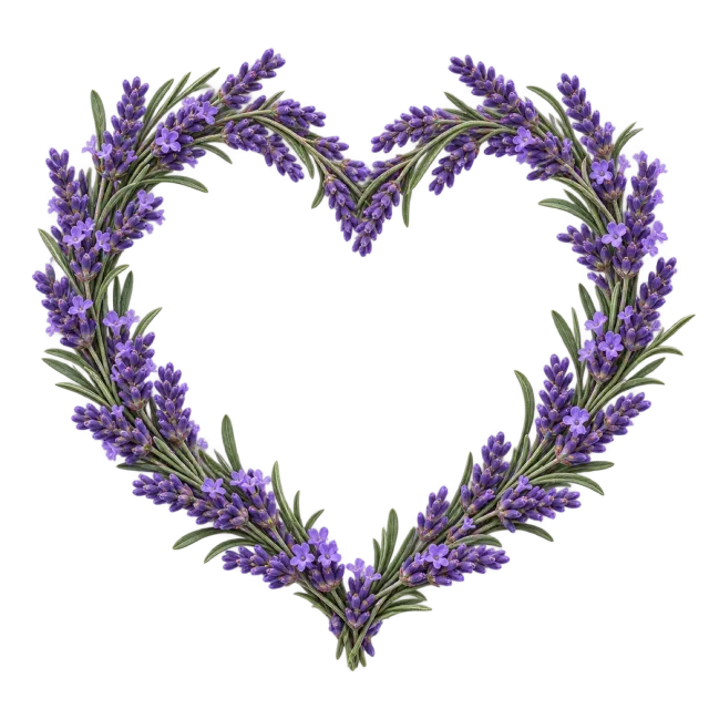 Open heart wreath of purple lavender sprigs and slender green leaves
