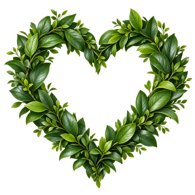 Heart-shaped wreath formed from layered glossy green leaves
