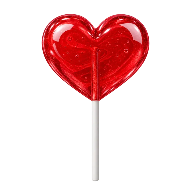 Glossy translucent red heart lollipop on a straight white stick