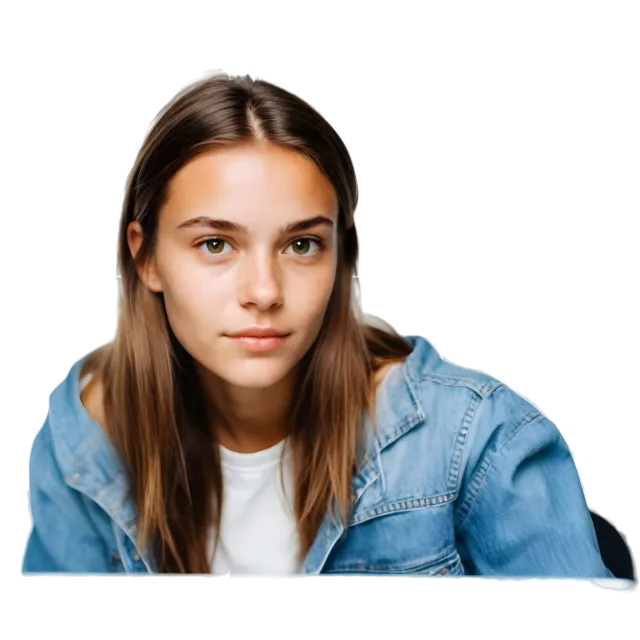 Front-facing woman with long brown hair wearing a blue denim shirt on a transparent background