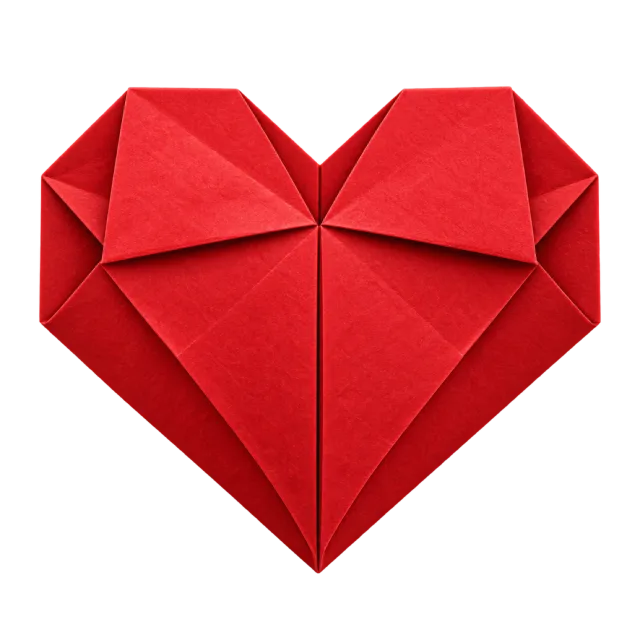 Red folded paper heart with crisp angular creases and layered corners
