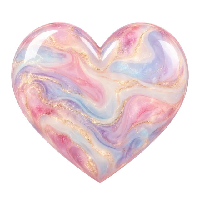 Glossy heart filled with flowing pastel pink, lavender and peach swirls