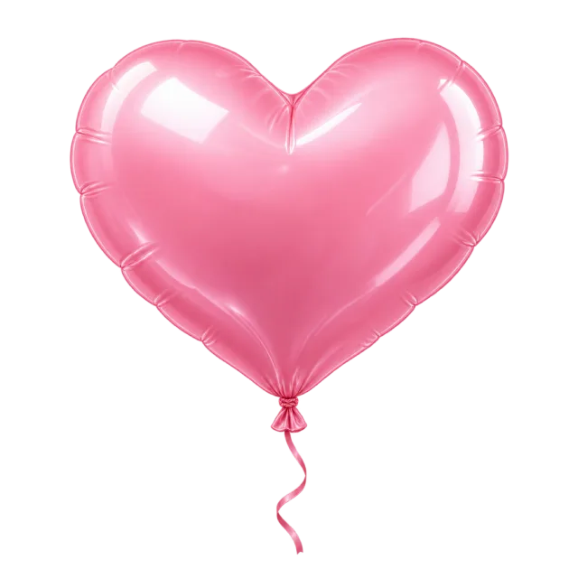Inflated pink heart-shaped balloon with a tied neck and curling string
