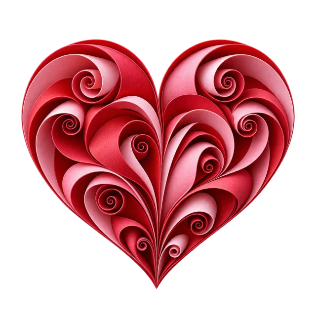 Heart formed from curled red paper strips arranged in ornamental swirls