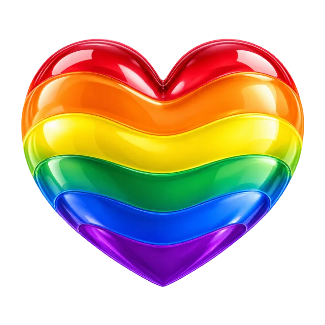 Rounded glossy heart with horizontal red, orange, yellow, green, blue and purple bands