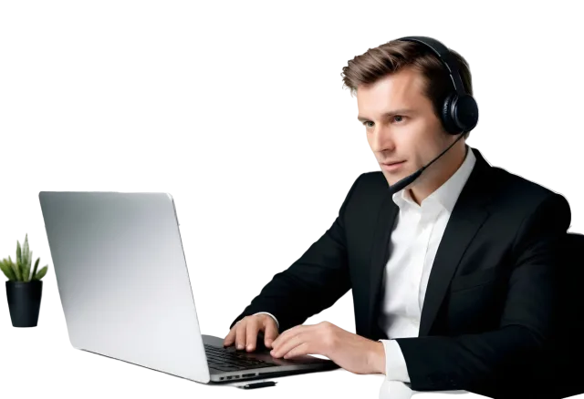 Man in a dark suit typing on an open laptop beside a small plant on a transparent background