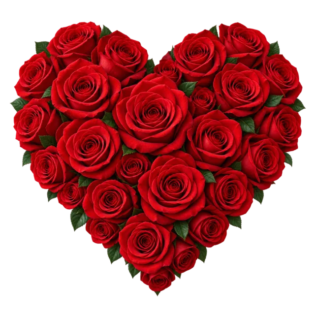 Heart-shaped arrangement of red roses with small green leaves
