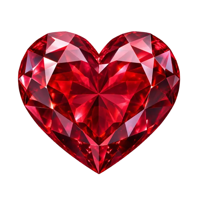 Ruby-red heart-shaped gem with sharply cut facets and deep red reflections