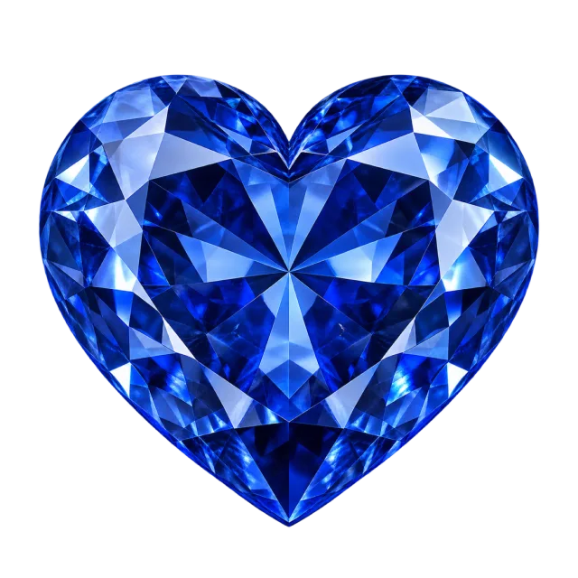 Sapphire-blue heart-shaped gem with geometric facets and bright highlights