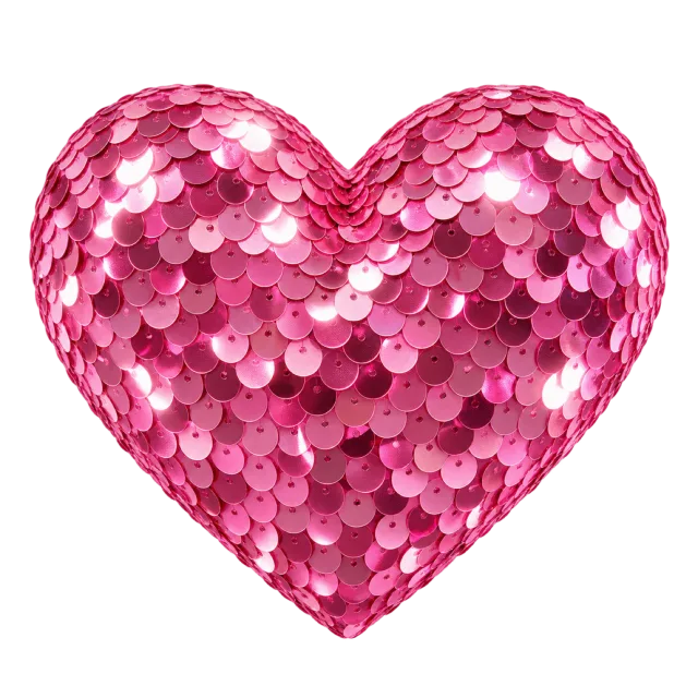 Puffy pink heart covered with overlapping reflective sequins