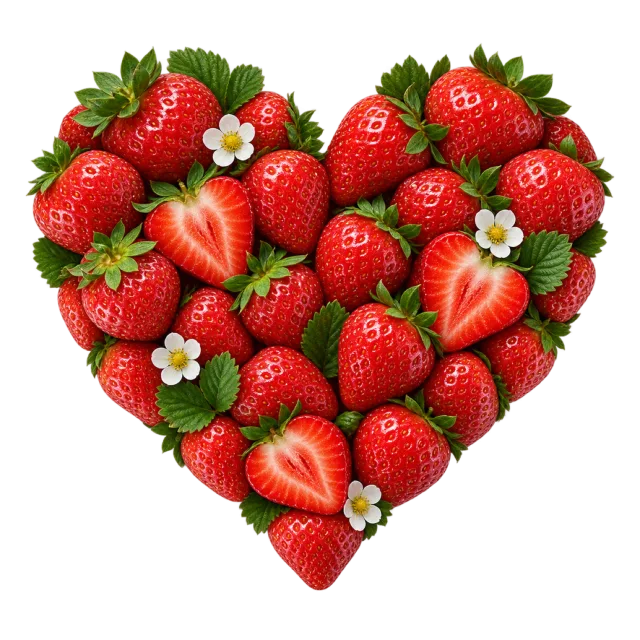 Heart-shaped arrangement of whole and sliced strawberries with leaves and white flowers