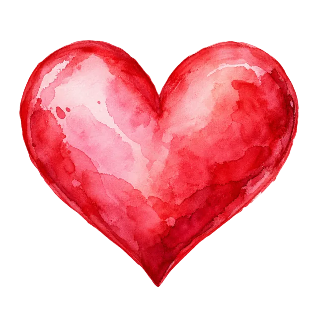 Painted red and pink heart with translucent washes and uneven watercolor edges