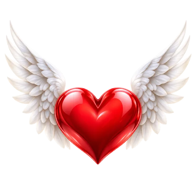Glossy red heart flanked by two raised white feathered wings