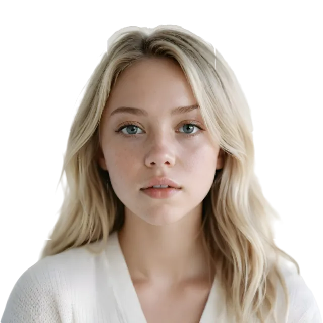 Front-facing portrait of a blonde woman wearing a white blouse on a transparent background
