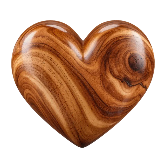 Rounded brown wooden heart with flowing grain patterns and a glossy finish
