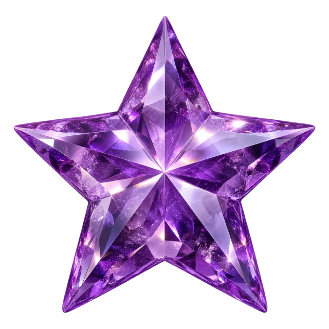 Five-pointed purple gem star with triangular facets and violet reflections