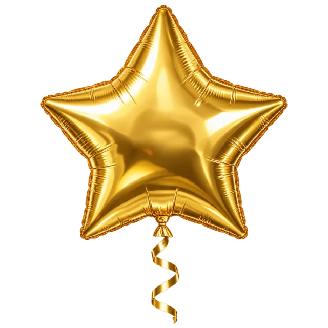 Inflated gold star balloon with sealed edges and a curled ribbon