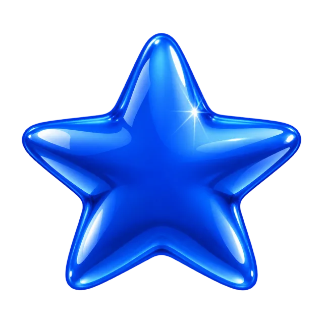 Rounded blue star with a smooth reflective surface and bright highlights