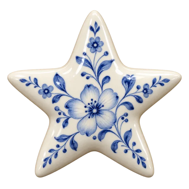 Cream ceramic-style star decorated with blue flowers and curling leaves