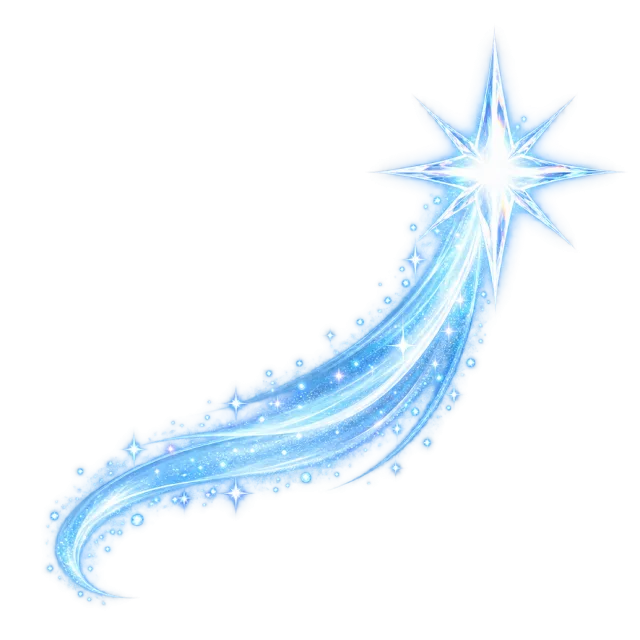 Bright blue starburst with a curved luminous tail and tiny trailing sparkles
