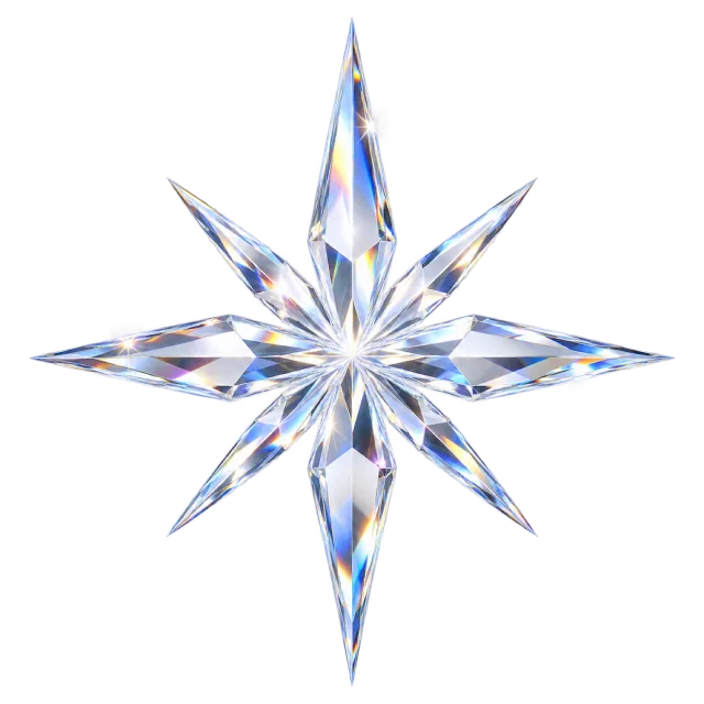 Pointed crystal-style sparkle with long rays and subtle rainbow reflections