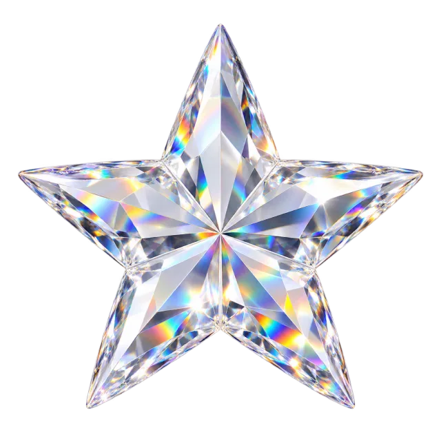Five-pointed clear crystal-style star with angular facets and rainbow glints