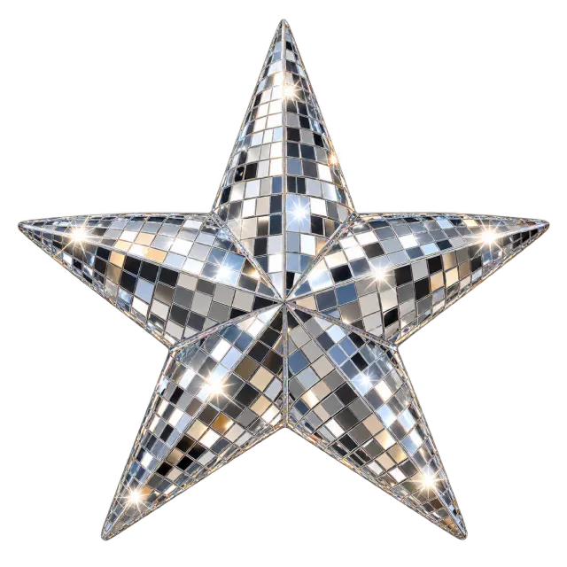 Five-pointed star covered in small reflective mirror tiles