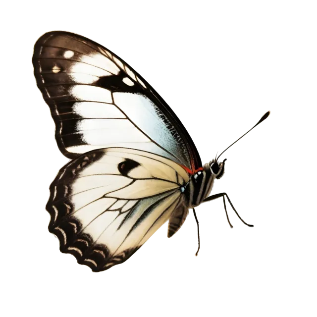 Black and cream butterfly with one wing raised and fine antennae on a transparent background