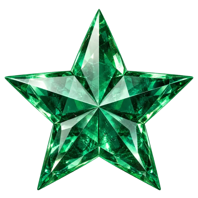 Green star-shaped gem with sharp facets and bright reflections