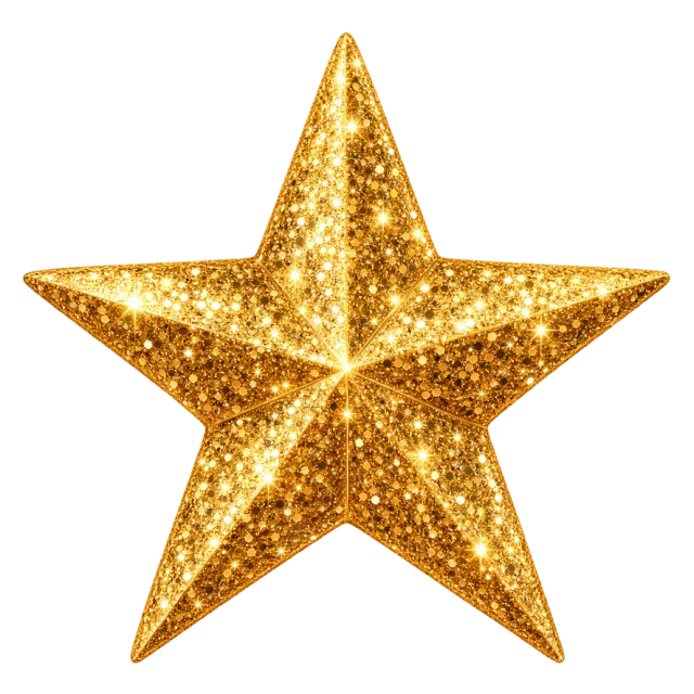 Five-pointed gold star covered in dense sparkling glitter