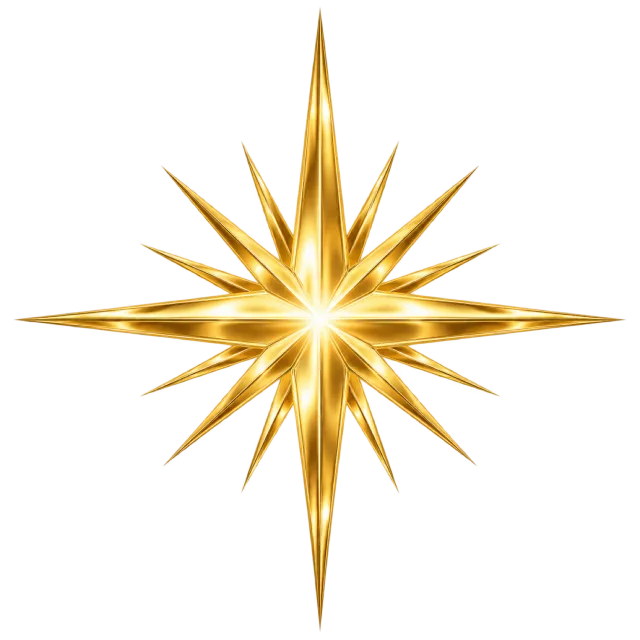 Gold starburst with long pointed rays radiating from a bright center