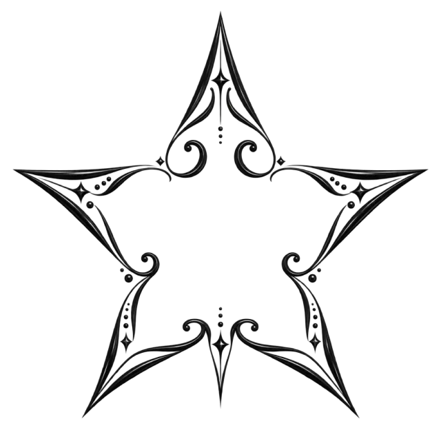 Black five-pointed star outline decorated with curling flourishes and dots