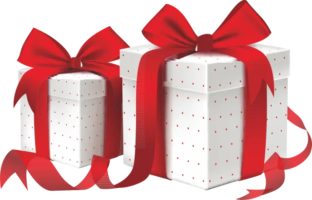 Two white gift boxes tied with broad red ribbons and bows on a transparent background