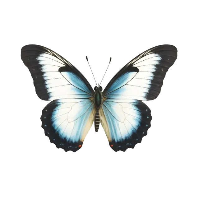 Symmetrical butterfly with pale blue and white wings edged in black on a transparent background