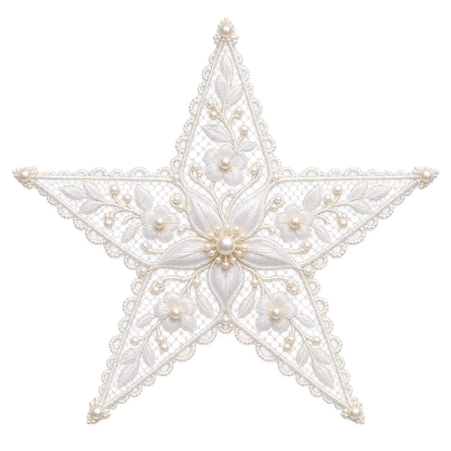 Delicate white lace star with floral embroidery and pearl-like accents