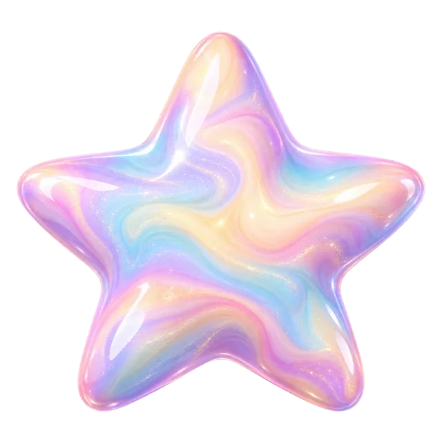 Rounded glossy star with flowing pink, lavender and yellow pastel swirls