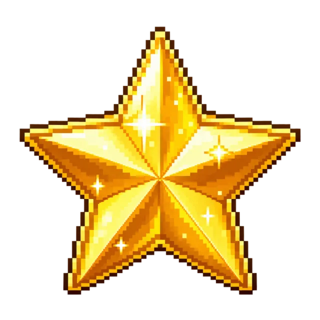 Gold pixel art star with a dark stepped outline and small bright glints