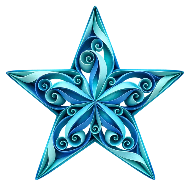 Pointed blue star filled with curled paper-style scrollwork