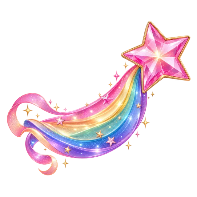 Pink star with a flowing rainbow ribbon tail and scattered tiny sparkles