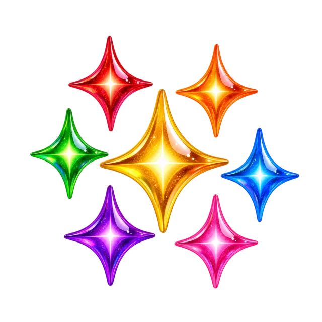 Group of glossy four-point sparkles in red, orange, yellow, green, blue, purple and pink