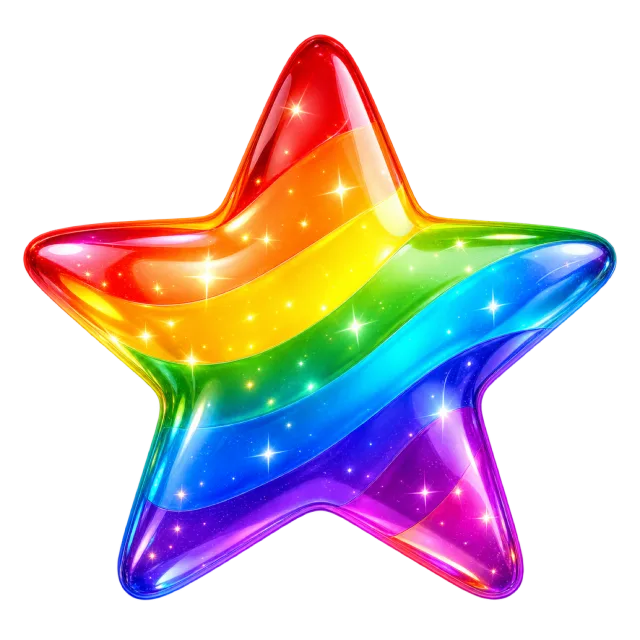 Rounded star with diagonal rainbow bands and bright sparkles