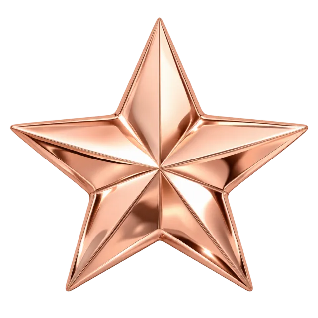 Five-pointed rose gold-colored star with crisp ridges and reflective shading